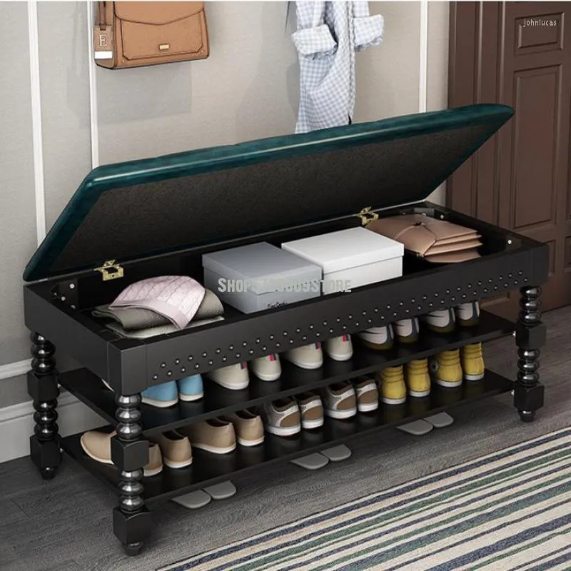 Banc de rangement de vêtements de style américain pour changer de chaussures avec de longues bandes, la porte du ménage peut s'asseoir armoire à chaussures multifonction et