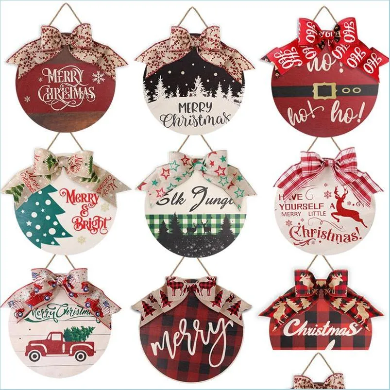 Christmas Decorations Christmas Door Wooden Decorations With Plaid Bow Holy Night Front Sign For Xmas Home Fireplace Wall Farmhouse Dhedx