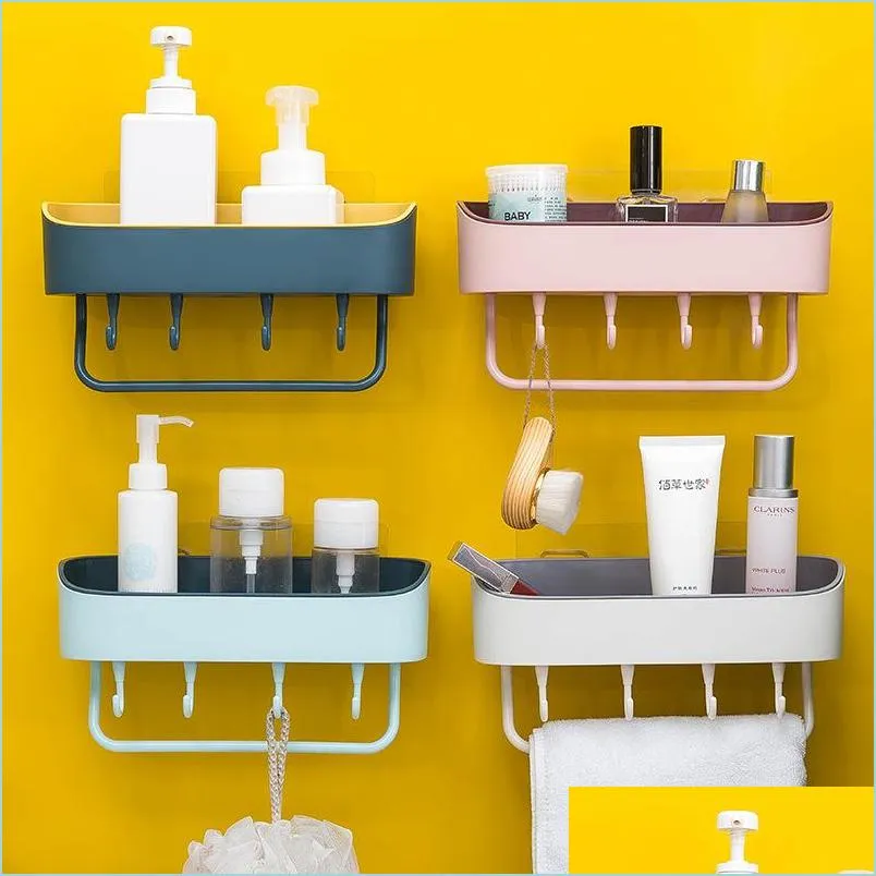 Bathroom Shelves Plastic Punch Wall Hanging Bathroom Rack Selfadhesive Soap Shampoo Holder Storage With 4 Hanger Drop Delivery Home Dhwka