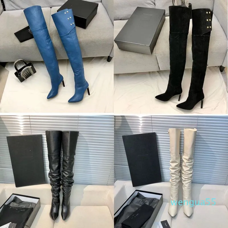 Femmes de créateurs pointues Overlord bottes à hauteur de genou famille luxe mode sexy noir blanc bleu bottes en cuir automne hiver boucle en métal talons chaussures tailles 35-3