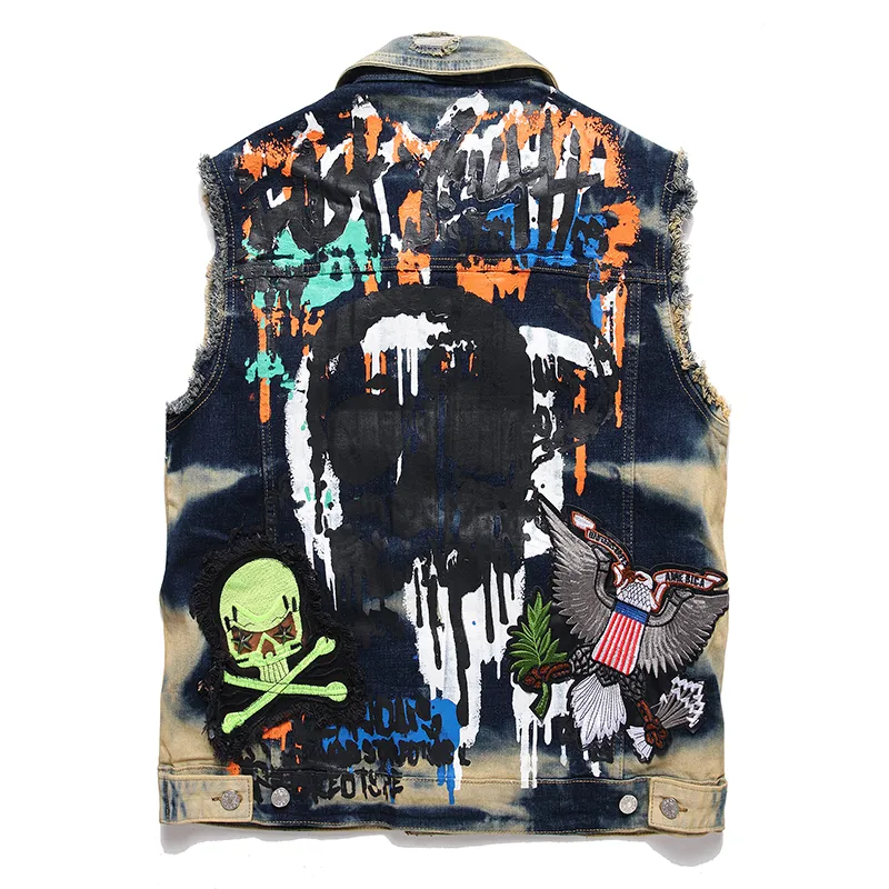 Retro Locomotive Metal Rock Vest Mens Embroidered Denim Cardigan