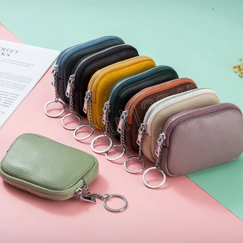 Orijinal deri düz renkli fermuar para çantası moda kadınlar debriyaj kese çantası küçük inek derisi cüzdan ladie için anahtarlık