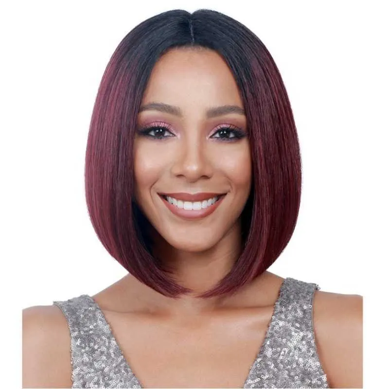 Hår spets peruk peruk kvinnors medelbobo stil kemisk fiber färgning svart gradvis förändring vin röd kort hår täckning