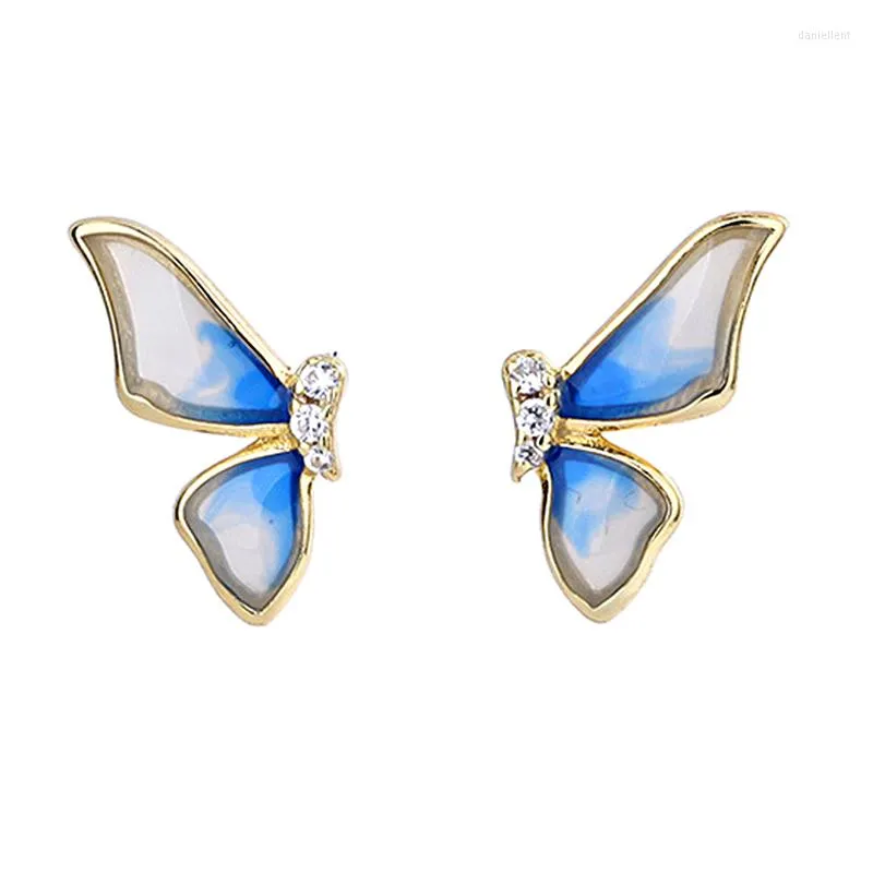 Boucles d'oreilles à tige Simple émail aile de papillon pour les femmes solide 925 en argent Sterling plaqué or 14K rêve bijoux fins