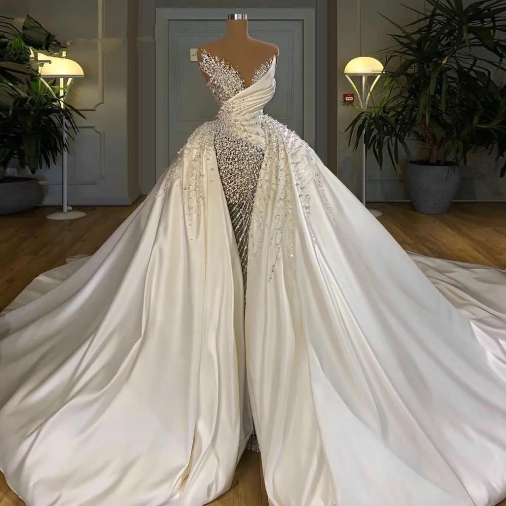 2023 Luxus sexy Meerjungfrau Brautkleider Kristallperlen Perlen Afrikanische Illusion Hals Überwälle Ruch Satin Plus Size Custom Brautkleider