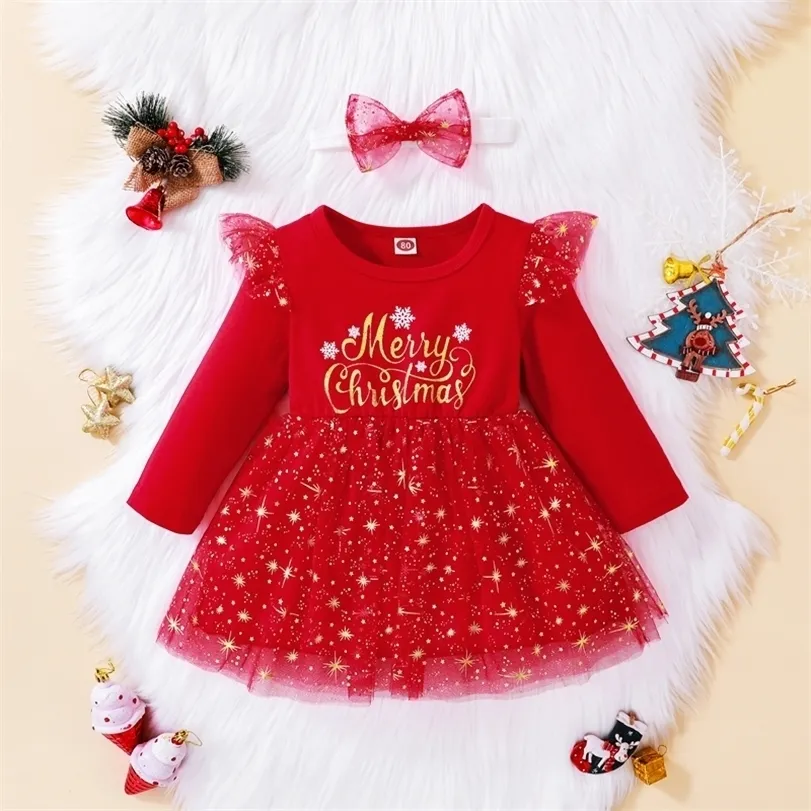 Girls Dresses Baby Red Deer Sequins Long Sleeve Oneck Letter Ruffle High Waist Fall Christmas Headband Tutu Party 221107