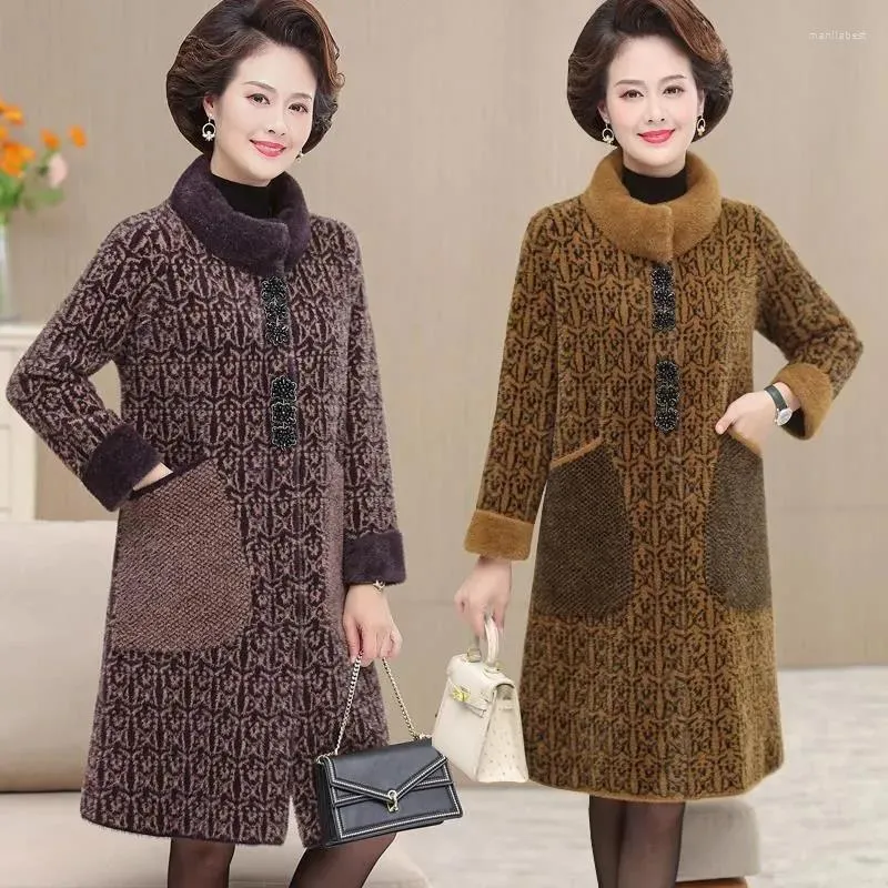 女性の毛皮の中年の母親秋冬の服ジャケット模倣ミンクカシミアコート高貴なウールオーバーコート女性5xlコート