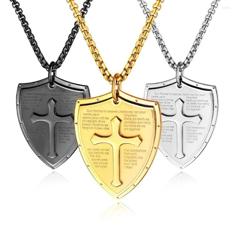 Pendant Necklaces Retro Men's Bible Cross Shield Chain Necklace Stainless Steel Jewelry