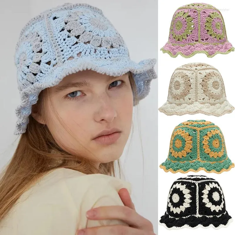 Bérets creux multicolore Crochet seau chapeau femmes printemps été marque de mode tricoté soleil chapeaux Protection pliable Panama casquette