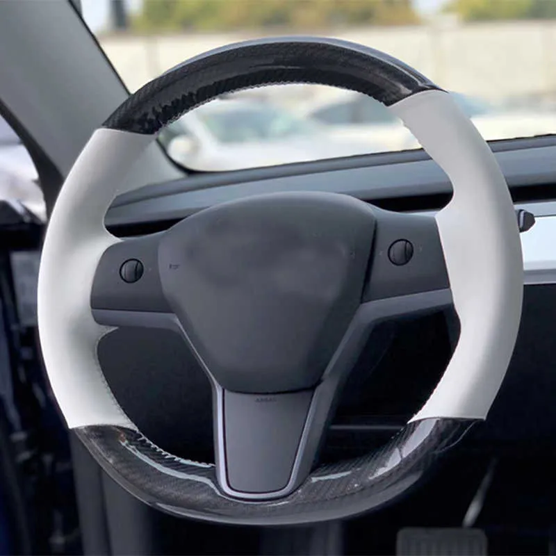 Per Tesla Model 3 Coprivolante per auto cucito a mano fai-da-te in pelle bianca in fibra di carbonio di alta qualità