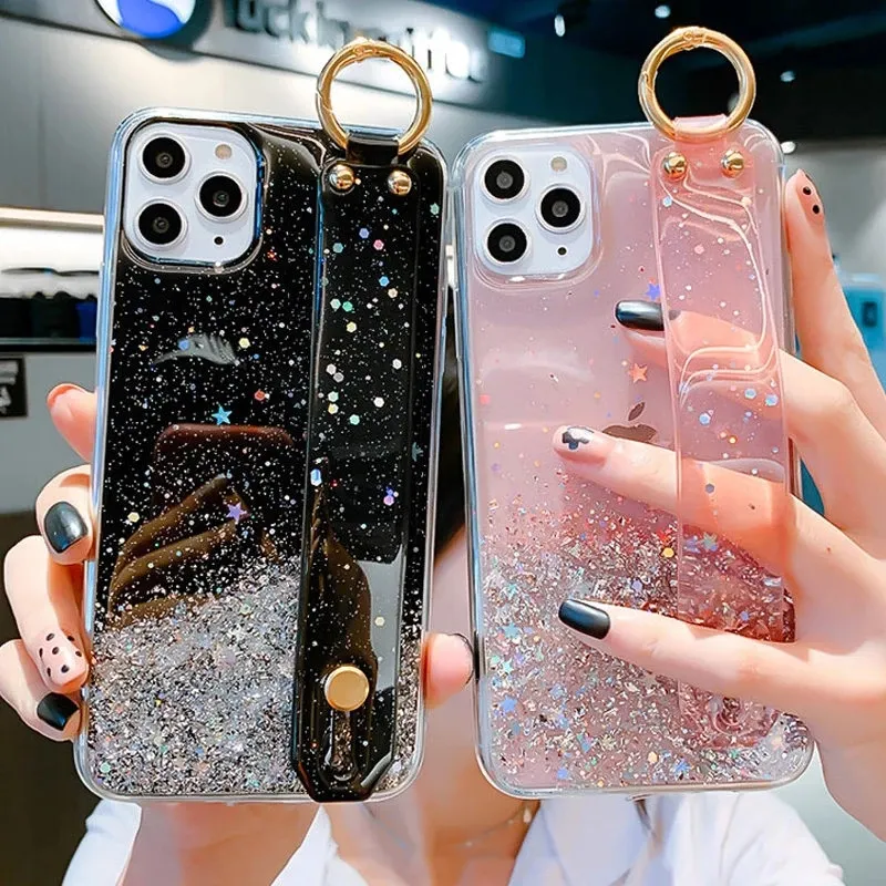 Bling Glitter Wel Strap Telefone para iPhone 12 11 13 14 Pro Max XR XS Max X 7 8 Plus 11 13PRO 14 TAPA traseira transparente suave