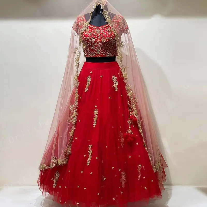 De vestido fiesta boda rote indische Abendkleider Zwei Stücke Shaadisaga Applikation Drei Stücke Abschlussballkleid mit Wrap