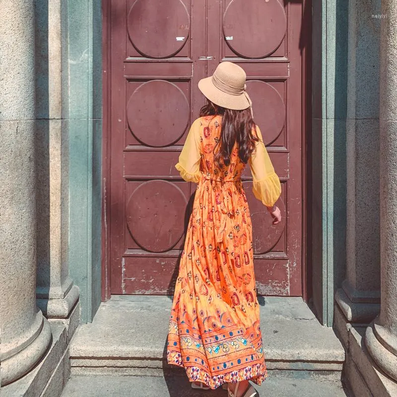 Ethnic Clothing Summer Orange Net Red Medium Long Embroidery Stitching Thai National Style Dress Retro Fashion Skirt