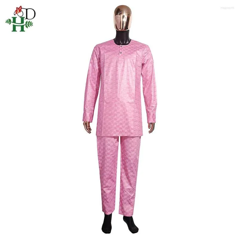 Vêtements ethniques HD Vêtements africains pour hommes Bazin Broderie traditionnelle Dashiki Robe rose Chemise à manches longues Pantalon 3 pièces Set220f