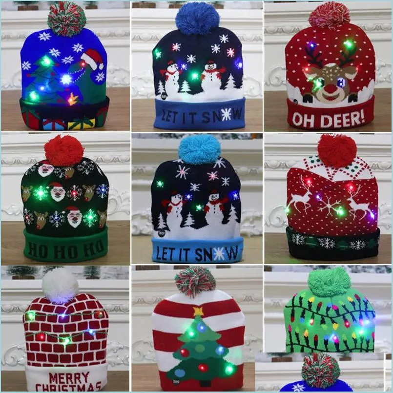 Chapéus de festa lideraram os gorros de malha de malha de neve santa unissex adts crianças ano novo natal chapéu luminoso fester christel party grow dell dhm57