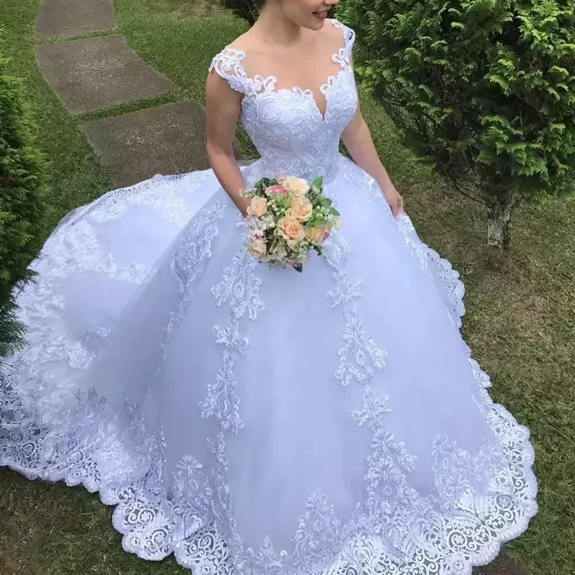 Jurk bal trouwjurken illusie bodice witte vintage kanten appliques bruidsjurken v nek backless voor kerk op maat gemaakte vestido de noiva s estido s estido s estido