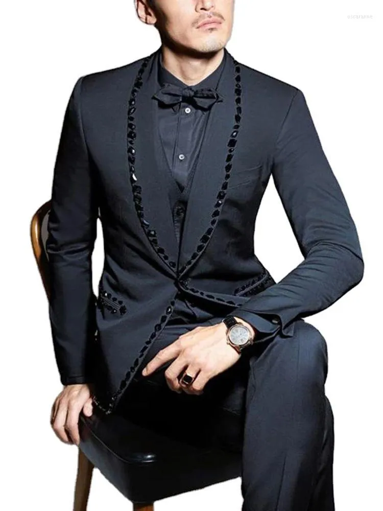 Men's Suits Black Beaded Blazer Trousers Slim Fit Men 3Pcs Costume Homme Groom Wedding Party Wear Jacket Pants Vest Terno Masculino