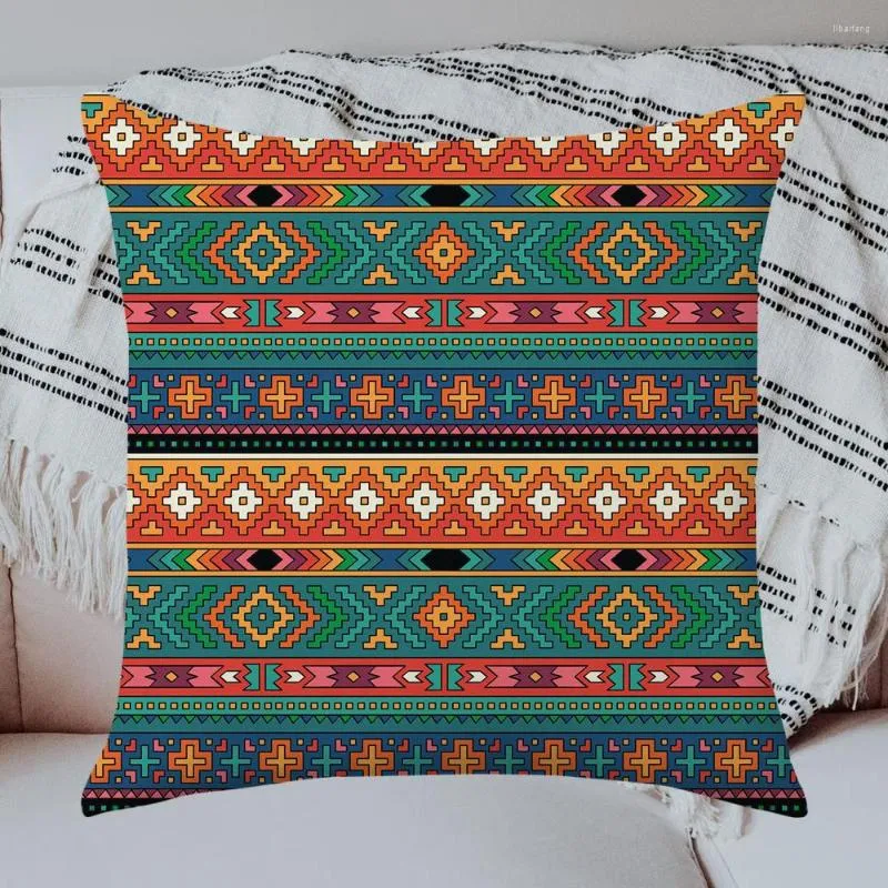 Poduszka zielona i pomarańczowa geometryczna Cover Aztec Ethnic Południowo -Zachodnie Domowe Dekor Decor Case 45x45cm