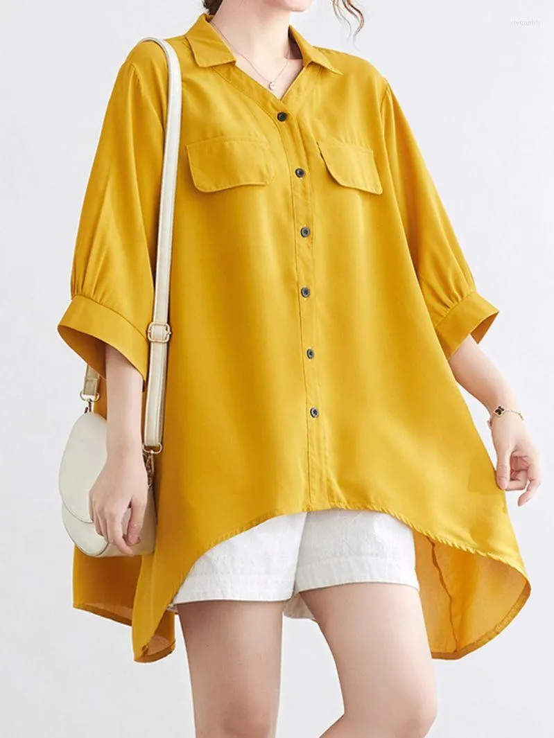 Blusas de mujer asimétricas largas informales sueltas de un solo pecho con cuello vuelto de Color sólido camisa de manga corta de gasa para mujer