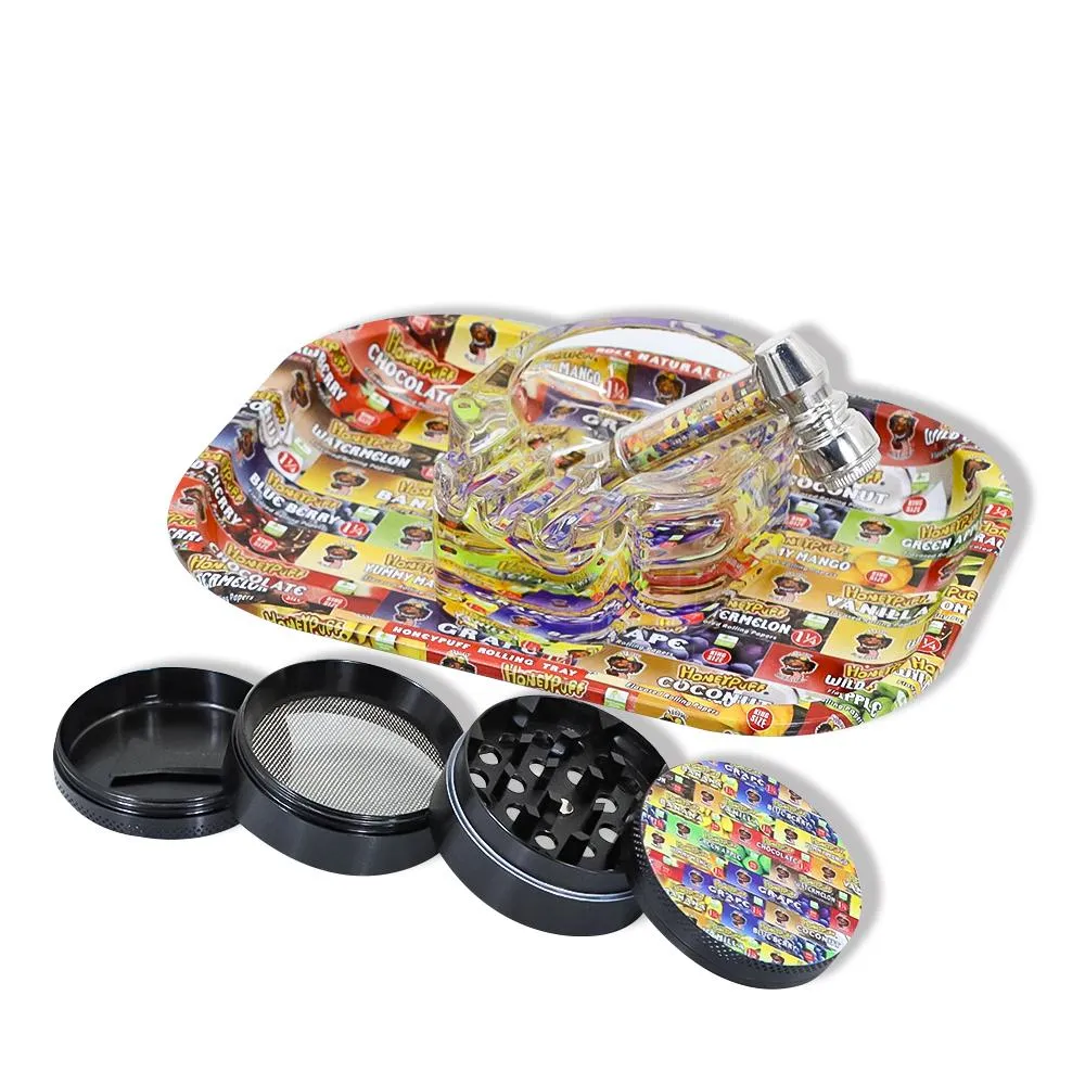 Smoking Tobacco Kit set Metal 50mm Grinder Tin Rolling Tray Glass Ashtary Smoke Pipes Accessories Wholesale