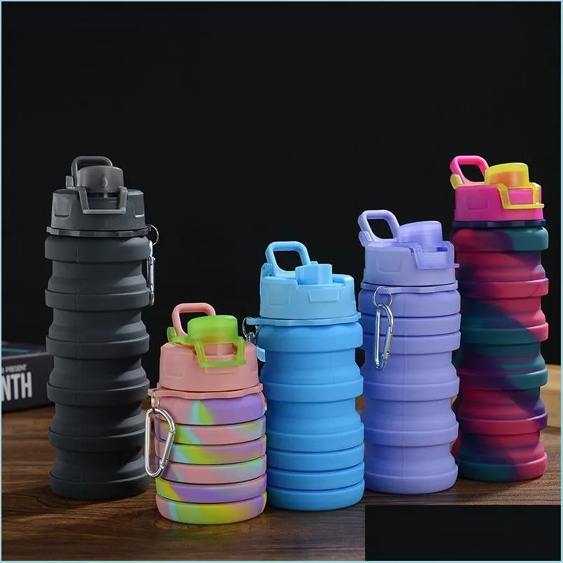 Tumblers 500 ml kamouflagevattenflaska Sile Fold Telescopic Tumbler Carabiner Sports Drinks Cups Portable Handing Cam Equipment Drop DHRSS