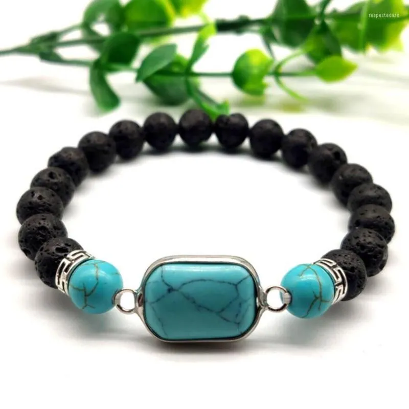 Strand Silver Plated Geometric Shape Green Turquoises Connect Black Lava Stone Beads Elastic Bracelet Fashion Jewelry