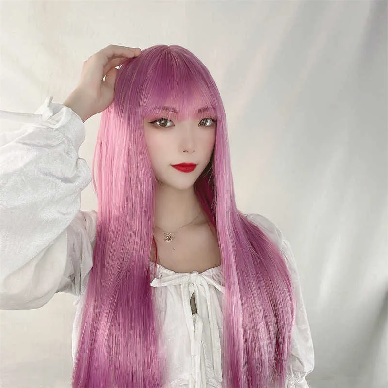 Hair Lace Wigs Cos Red Feminino Vermelho Mesma Rattan Fina Cor Cabelo Longo Longo Menina Mada De Cabeça da Peruca Conjunto