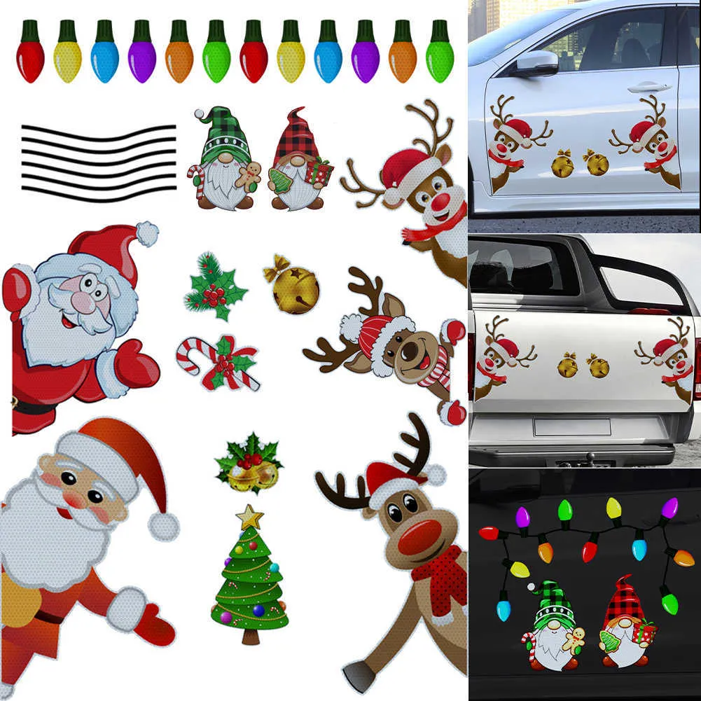 ملصقات السيارة ديكور عيد الميلاد ملصقات السيارات المغناطيسية شارات الثلاجة مغناطيس لمبة سانتا سنو الرجل القزم العاكس لسيارة المنزل T221108