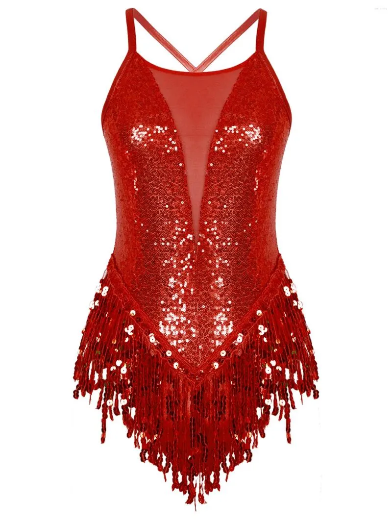 Abbigliamento da palcoscenico Paillettes scintillanti Body da ballo latino jazz Body da donna Tute con frange per costumi da spettacolo