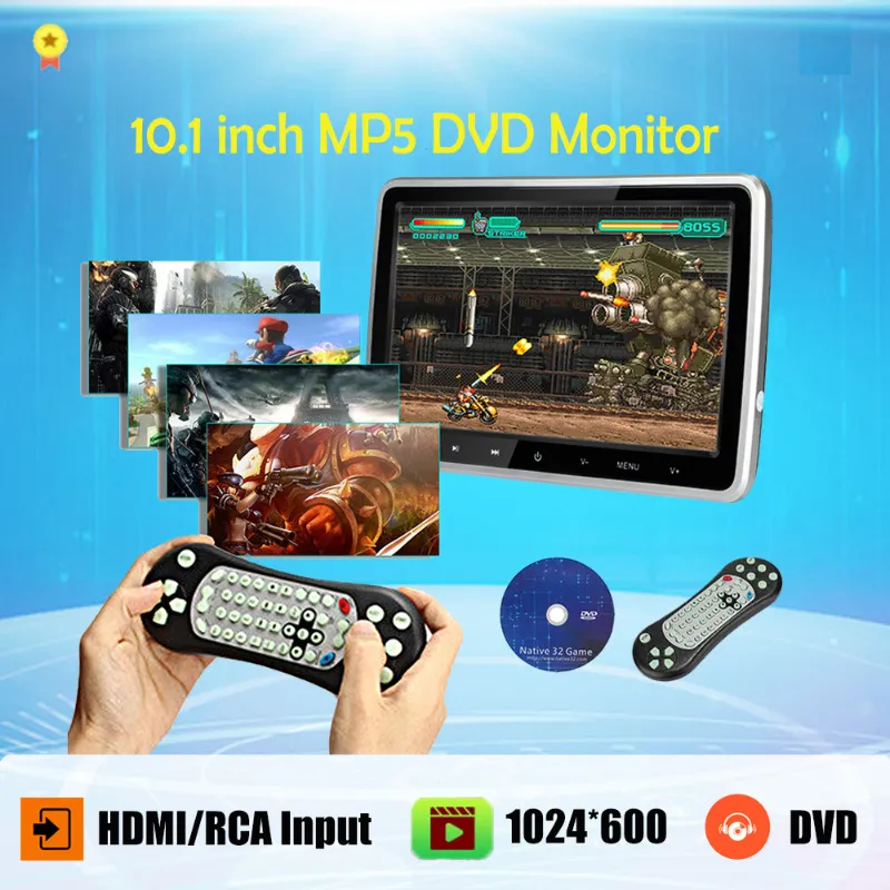 10,1 inch 1024x600 autohoofdsteun met monitor dvd-videospeler draagbare auto tv-monitor USB / SD / HDMI / IR / FM TFT LCD Touch Button Games