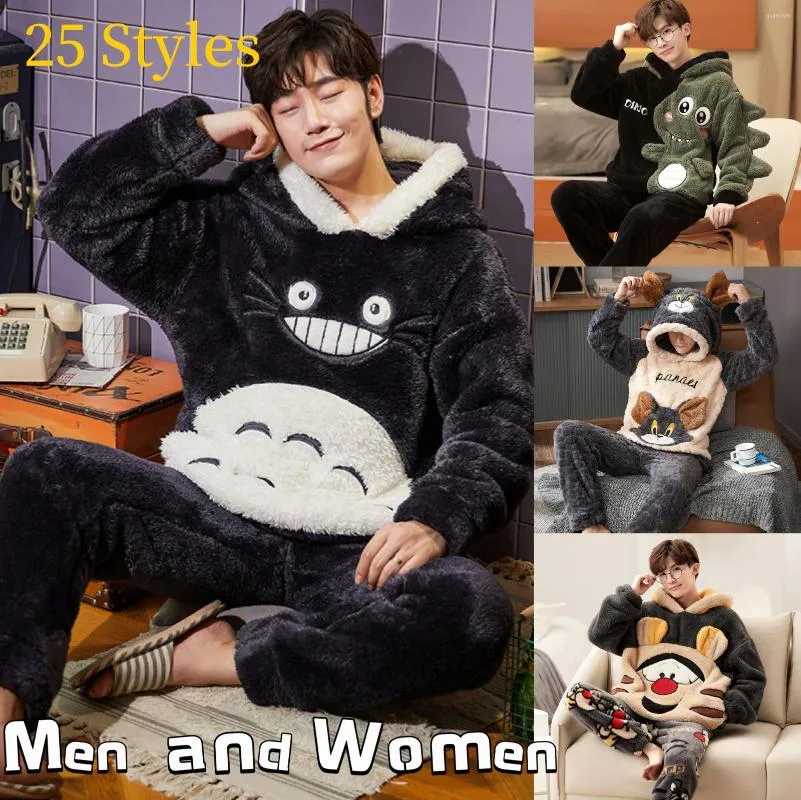 Heren Nachtkleding Dikke Warme Flanellen Pyjama Winter Lange Mouw Sets Voor Mannen Vrouwen Koraal Fluwelen Leuke Cartoon Pak Homewear Kleding