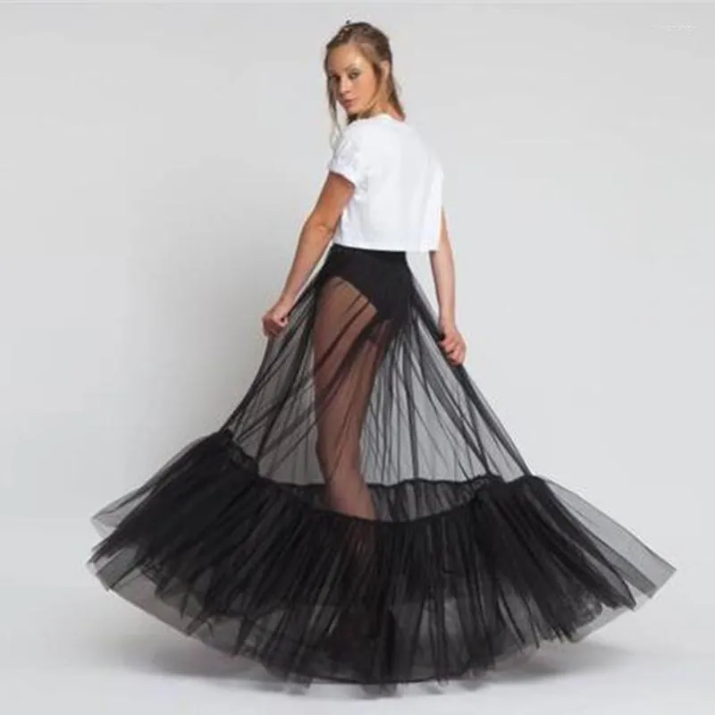 Jupes noires transparentes femmes une ligne moelleux volants tulle transparent longueur de plancher jupe longue maxi personnalisé