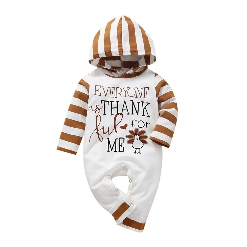 Rompers -06-22 Lioraitiin 0-18M Infant Baby Girl Autumn Romper Long Sleeve Letter Turkey Printed Hooded Jumpsuit Clothing 221107