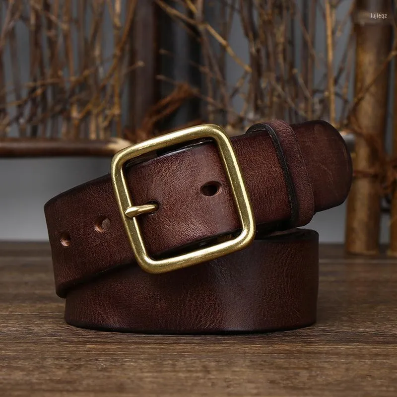 Riemen echte lederen riem mannelijk koper buckle handgemaakte pure koehide retro all-match casual jeans roodbruine zwarte luxe g835