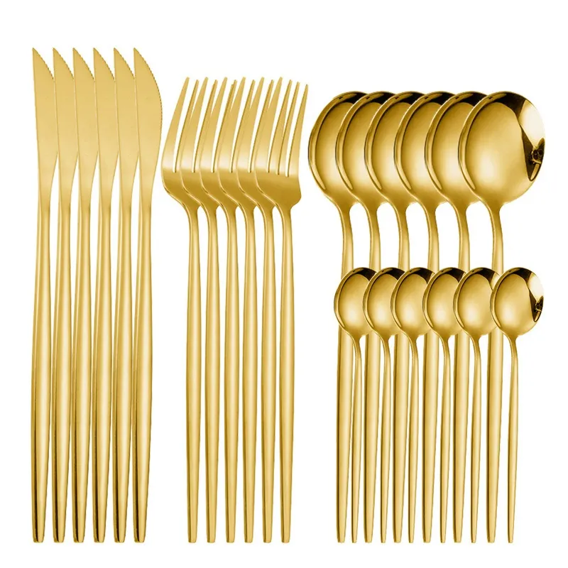 24 -stcs Flatware Sets Roestvrij staal Goud Zwart tafelwerk bestek Set Dinner Knife Vork Lepel