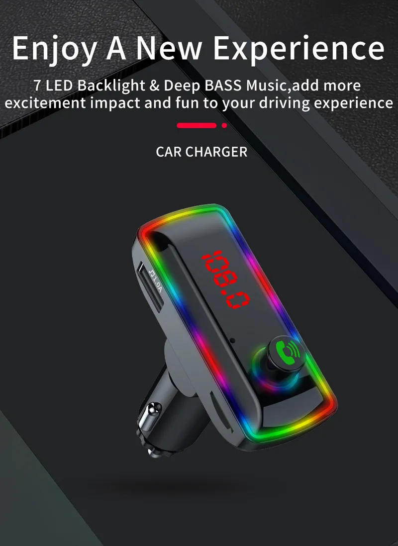 F12 Transmetteur FM Bluetooth pour voiture Chargeur de voiture Kit de charge rapide Lecteur modulateur MP3 Récepteur audio mains libres sans fil U Disk avec lampe d'ambiance