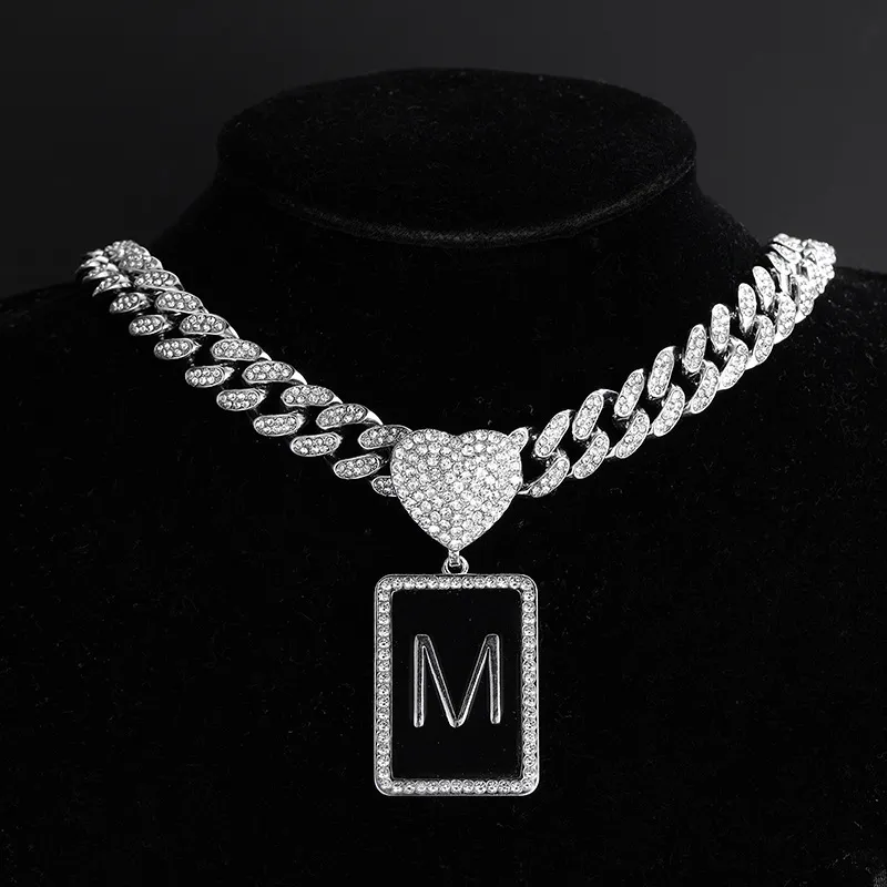 Black Drip 26 Letters Pendant Bracelet Necklace Jewelry Set Bling Full Zircon Hip Hop Heart Shape Clasp