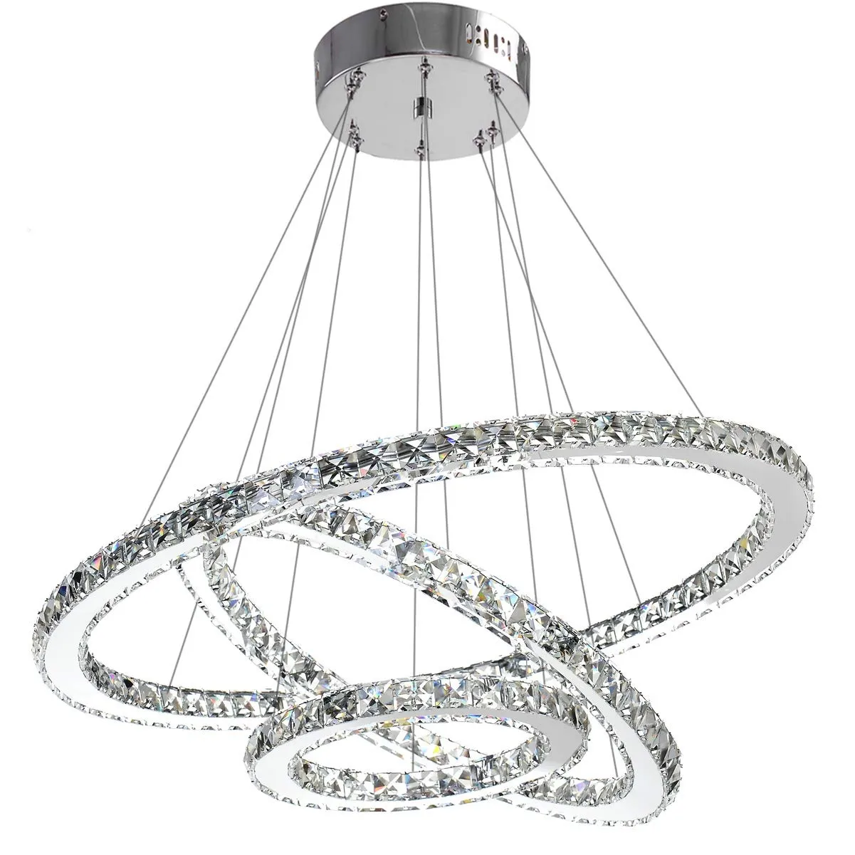 Crystal Modern LED Ceiling Chandeliers Fixtures Dining Room Pendant Lights Contemporary 3 Rings Adjustable Stainless Steel