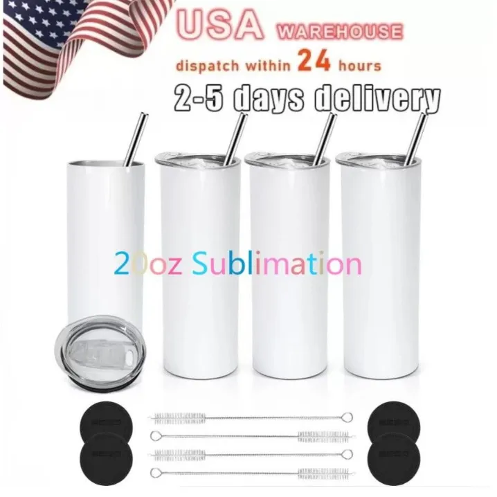 USA Warehouse Sublimation Tumblers Blank20 Oz White Straight Blanks Heat Press Mug Cup With Straw 16oz Sublimation Glass Cola Can Can Bamboo Lid TT1108