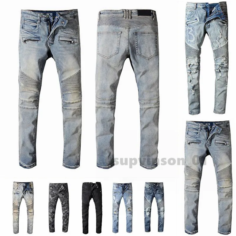 Balmianss Herr Designer Jeans Distressed Black Ripped Biker Slim Fit Motorcycle Bikers Denim For Herrmode Mans Black Pants pour hommes