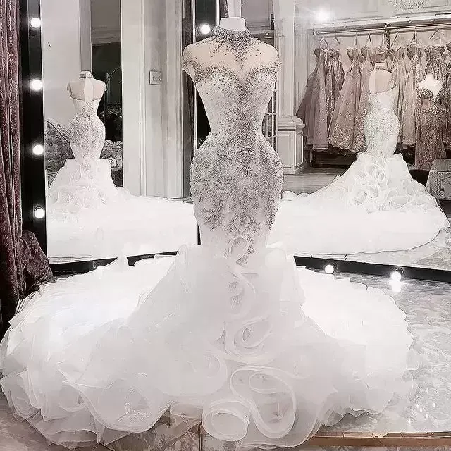 Plus Size Arabic Aso Ebi Luxurious Beaded Crystals Wedding Dresses High Neck Mermaid Bridal Dress Sheer Neck Wedding Gowns