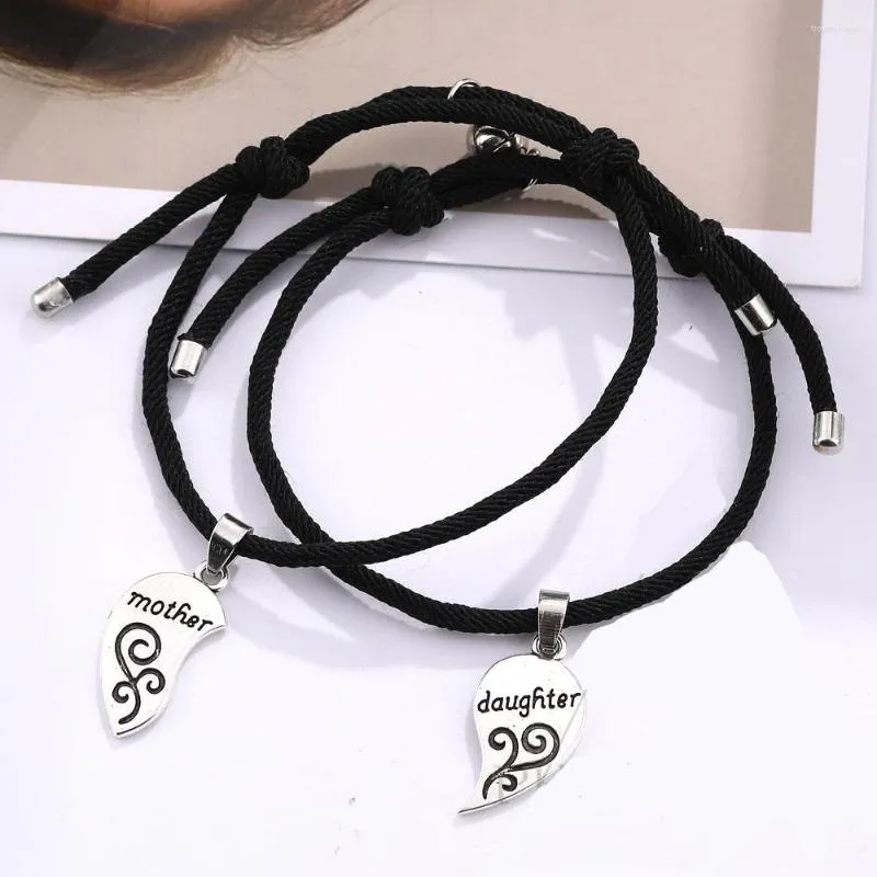 Strand Fashion 2pcs/set Black Rope Distance Magnet Couple Bracelet Mom Dad Love Heart Charm Family Jewelry Mother's Day Gifts