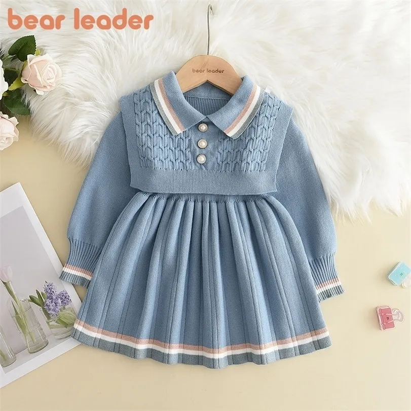 Girls Dresses Bear Leader Autumn Winter Sweater Long Sleeve Vest Stripe Party Girl Baby Retro Knitted Wool Casual Vestidos 221107