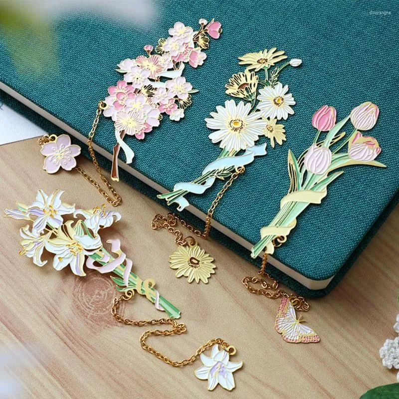 Cherry Tulip Metal Bookmark Flower Brass Hollow Space Bookmarks Festival Gift Student Reading Pendant School Office Supplies