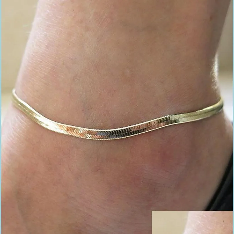 anklets new fine sier / gold glated調整可能なフラットヘビチェーンアンクレットブレスレット女性シンプルな繊細な足の夏のビーチフィートジュエリーdhj68