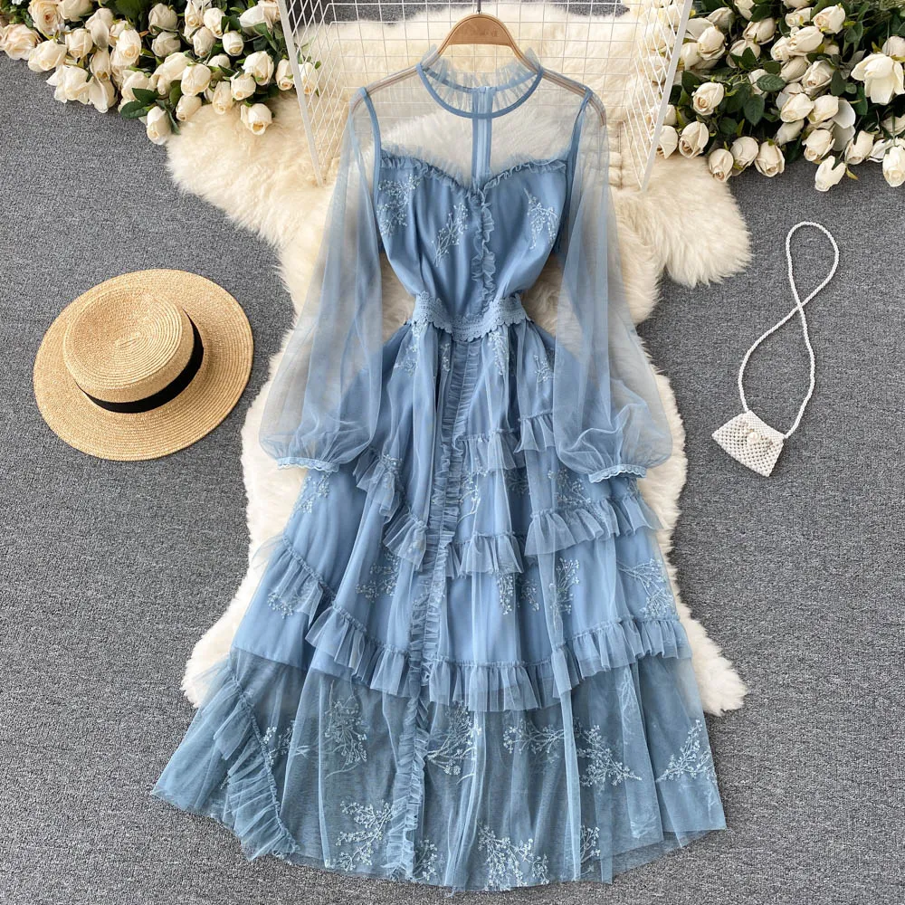 2023 Spring New Cake Dress Fairy Temperament Lace Splicing Mesh Heavy Embroidery Medium length Dress