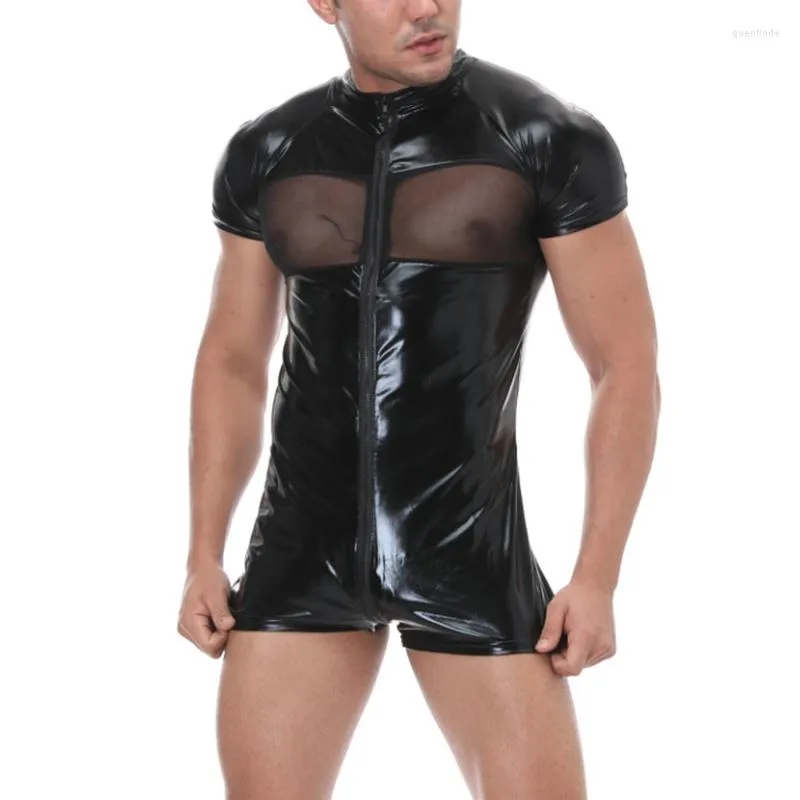 Ropa interior Sexy para hombre, Catsuit de látex, mono de malla de cuero, aspecto mojado, cremallera, sin entrepierna, camiseta de lucha, mono, ropa para discoteca, disfraces