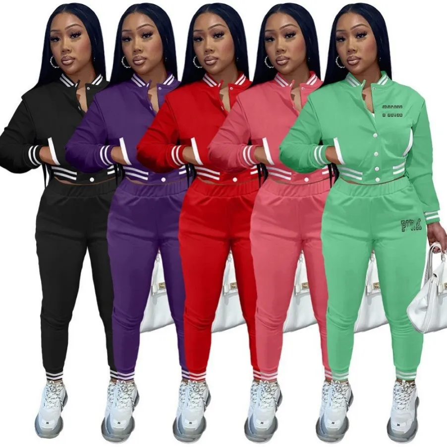 2024 Tasarımcı Marka Kadın Takipleri Jogging Suit Pembe Baskı İki Parça Set Uzun Kollu Sweatsuits Beyzbol Ceket Pantolon Kıyafetleri Sonbahar Kış Spor Kıyafetleri 8877-2