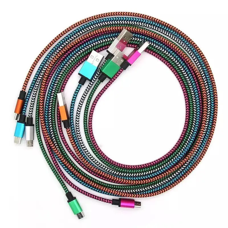 USB -kabels ongebroken metaalconnector stof nylon vlecht lood oplader koord type c micro laadkabel 1m 3ft 2m6ft 3m 10ft voor samsung s10 s8 s6 s5 s5 s4 note10 xiaomi