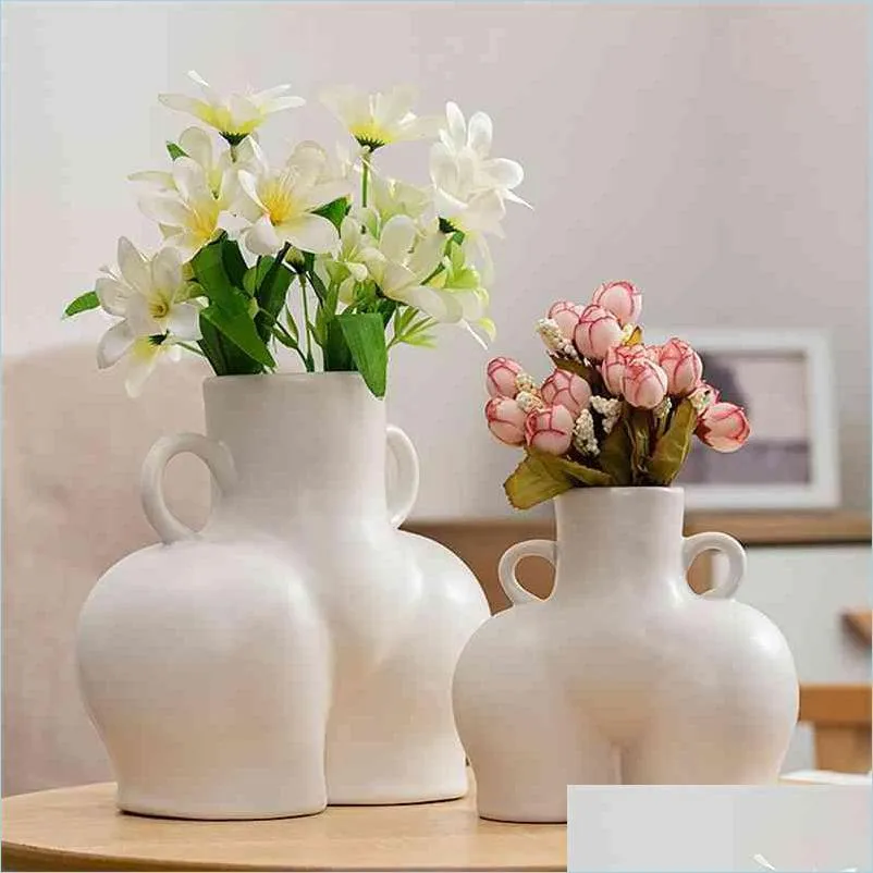 Vases Creative Céramique Vase Bureau Plante Conteneur Corps Humain En Forme D'art Décoratif Pot De Fleur Anneau Latéral Poignée Décor À La Maison 210409 D Dhve9